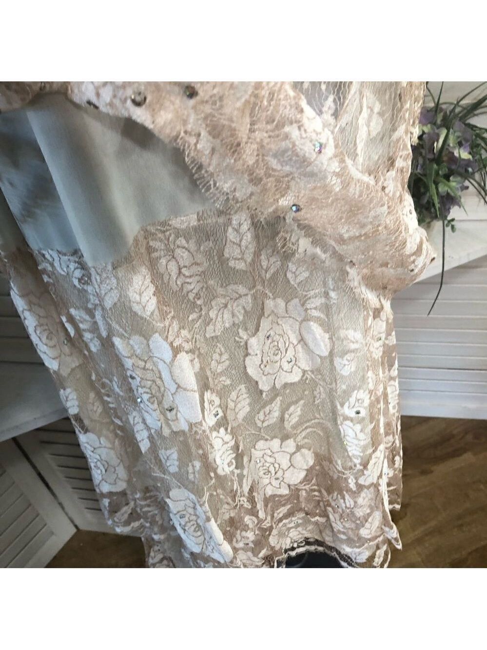 Vintage Lace Dress Pink Beads Roses floral fairy coquette sheer tiered Victorian - Picture 4 of 7